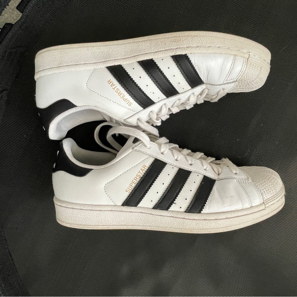 Adidas SUPERSTAR White Sneakers Tennis Shoes with Black & Gold Accents
